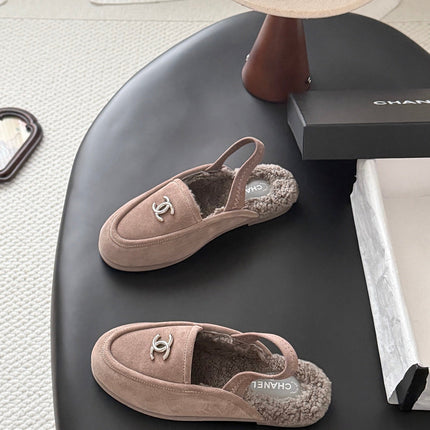 CHANEL 26S SLINGBACK LOAFERS IN GREY SUEDE AND SHEARLING LINING