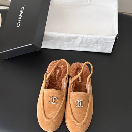 CHANEL 26S SLINGBACK LOAFERS IN BROWN SUEDE AND SHEARLING LINING