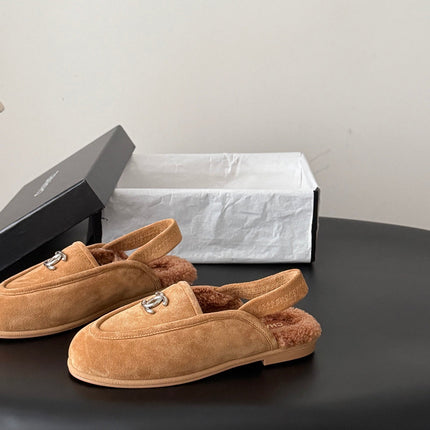 CHANEL 26S SLINGBACK LOAFERS IN BROWN SUEDE AND SHEARLING LINING