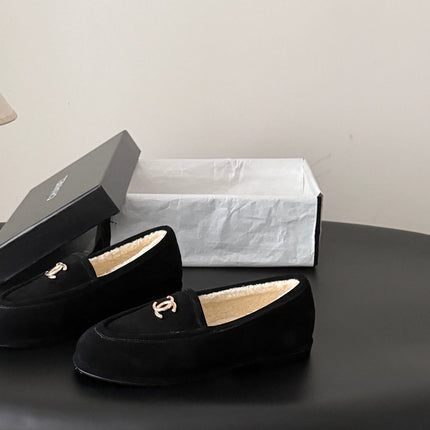 CHANEL 26S LOAFERS IN BLACK SUEDE AND SHEARLING LINING