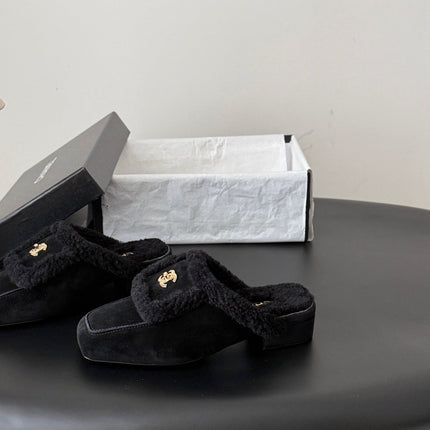 CHANEL 26S MULES IN BLACK SHEARLING AND SUEDE