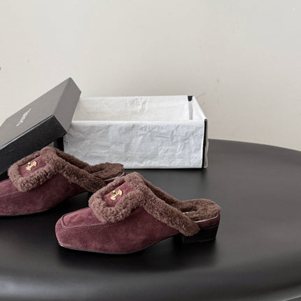CHANEL 26S MULES IN BURGUNDY SHEARLING AND SUEDE