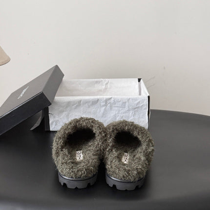 CHANEL 26S SLIDE SANDALS IN DARK GREY SHEARLING UPPER AND LINING WITH WHITE CC LOGO