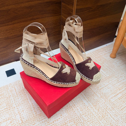 VALENTINO 26S ESPADRILLE WEDGE SANDALS 95 MM IN DARK BROWN SUEDE