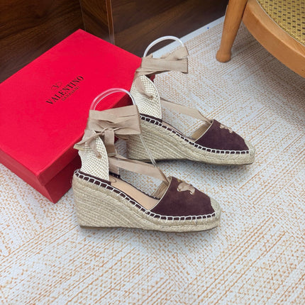 VALENTINO 26S ESPADRILLE WEDGE SANDALS 95 MM IN DARK BROWN SUEDE