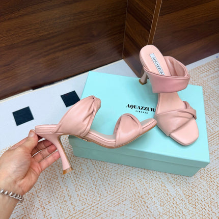 AQUAZZURA 26S TWISTED HEEL SANDALS 85 MM IN LIGHT PINK LAMBSKIN