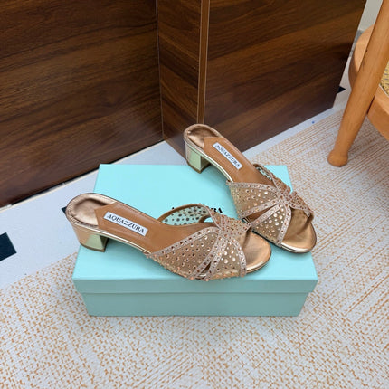 AQUAZZURA 26S CELESTE SANDALS 55 MM IN ROSE GOLD MESH & LEATHER