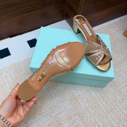 AQUAZZURA 26S CELESTE SANDALS 55 MM IN ROSE GOLD MESH & LEATHER