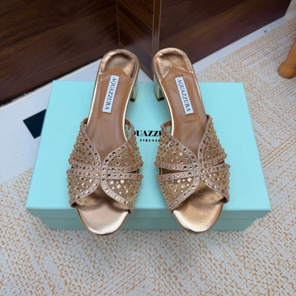 AQUAZZURA 26S CELESTE SANDALS 55 MM IN ROSE GOLD MESH & LEATHER