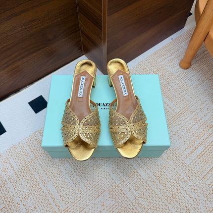 AQUAZZURA 26S CELESTE SANDALS 55 MM IN GOLD MESH & LEATHER