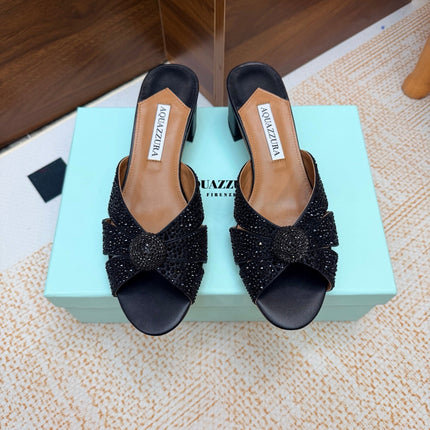 AQUAZZURA 26S CELESTE SLIDE SANDALS 55 MM IN BLACK CALFSKIN STYLE 2