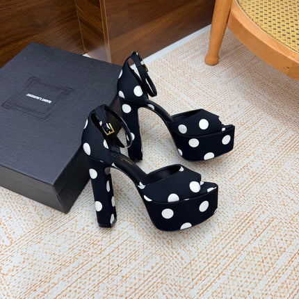 YSL 26S HEEL SANDALS 125 MM IN BLACK & WHITE POLKA-DOT SATIN