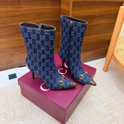 GUCCI 26S ANKLE BOOTS 85 MM IN BLUE DENIM AND BROWN CALFSKIN