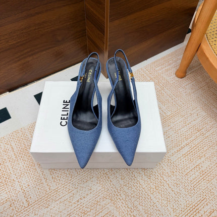 CELINE 26S SLINGBACK HIGH HEEL PUMPS 85 MM IN BLUE DEMIN