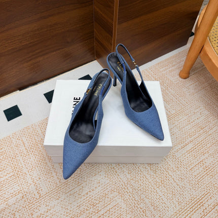 CELINE 26S SLINGBACK HIGH HEEL PUMPS 85 MM IN BLUE DEMIN
