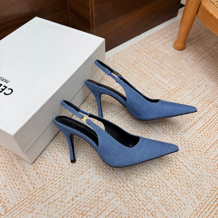 CELINE 26S SLINGBACK HIGH HEEL PUMPS 85 MM IN BLUE DEMIN