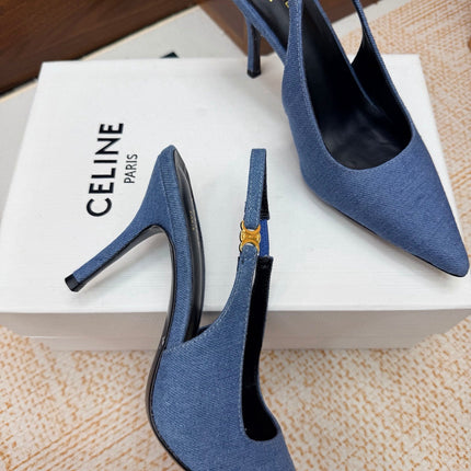 CELINE 26S SLINGBACK HIGH HEEL PUMPS 85 MM IN BLUE DEMIN