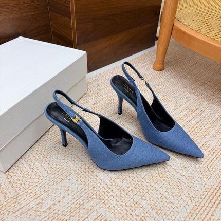 CELINE 26S SLINGBACK HIGH HEEL PUMPS 85 MM IN BLUE DEMIN