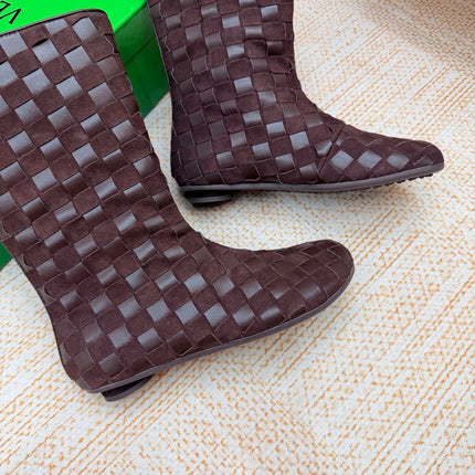 BOTTEGA VENETA 26S FLAT MID CALF BOOTS IN DARK BROWN BRAIDED SUEDE