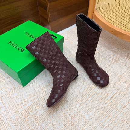 BOTTEGA VENETA 26S FLAT MID CALF BOOTS IN DARK BROWN BRAIDED SUEDE