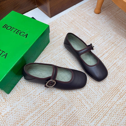 BOTTEGA VENETA 26S MARY JANE FLATS IN DARK BROWN LAMBSKIN WITH BUCKLE