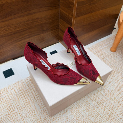 JIMMY CHOO 26S CUTOUT HEELS 65 MM IN DARK RED LACE WITH METAL TOE CAP