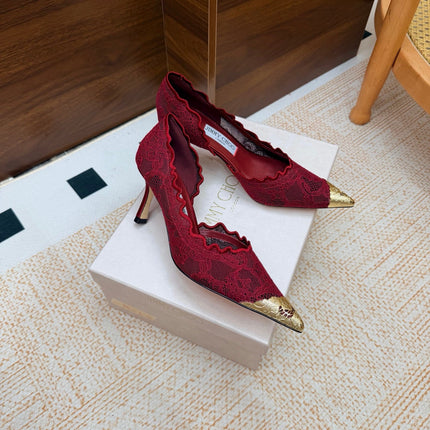 JIMMY CHOO 26S CUTOUT HEELS 65 MM IN DARK RED LACE WITH METAL TOE CAP