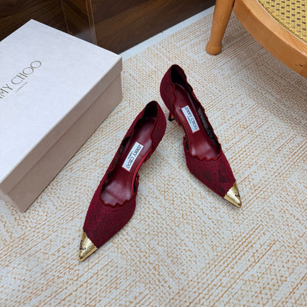 JIMMY CHOO 26S CUTOUT HEELS 65 MM IN DARK RED LACE WITH METAL TOE CAP