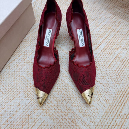 JIMMY CHOO 26S CUTOUT HEELS 65 MM IN DARK RED LACE WITH METAL TOE CAP