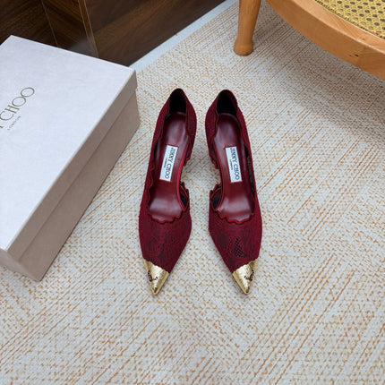 JIMMY CHOO 26S CUTOUT HEELS 65 MM IN DARK RED LACE WITH METAL TOE CAP