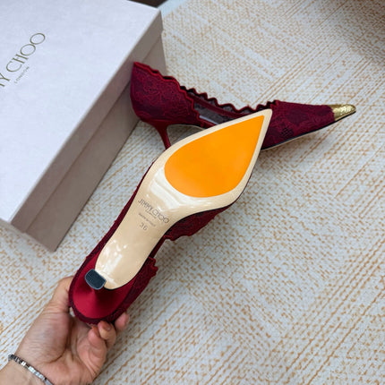 JIMMY CHOO 26S CUTOUT HEELS 65 MM IN DARK RED LACE WITH METAL TOE CAP