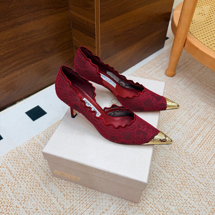 JIMMY CHOO 26S CUTOUT HEELS 65 MM IN DARK RED LACE WITH METAL TOE CAP