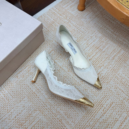 JIMMY CHOO 26S CUTOUT HEELS 65 MM IN OFF WHITE LACE WITH METAL TOE CAP