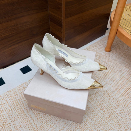JIMMY CHOO 26S CUTOUT HEELS 65 MM IN OFF WHITE LACE WITH METAL TOE CAP