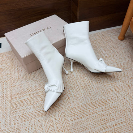 JIMMY CHOO 26S ANKLE BOOTS 65 MM IN WHITE CALFSKIN WITH KNOTTED BOW