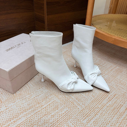 JIMMY CHOO 26S ANKLE BOOTS 65 MM IN WHITE CALFSKIN WITH KNOTTED BOW