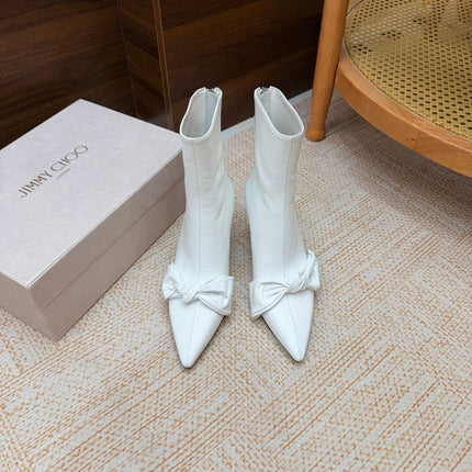 JIMMY CHOO 26S ANKLE BOOTS 65 MM IN WHITE CALFSKIN WITH KNOTTED BOW