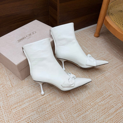 JIMMY CHOO 26S ANKLE BOOTS 65 MM IN WHITE CALFSKIN WITH KNOTTED BOW