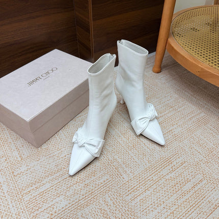 JIMMY CHOO 26S ANKLE BOOTS 65 MM IN WHITE CALFSKIN WITH KNOTTED BOW