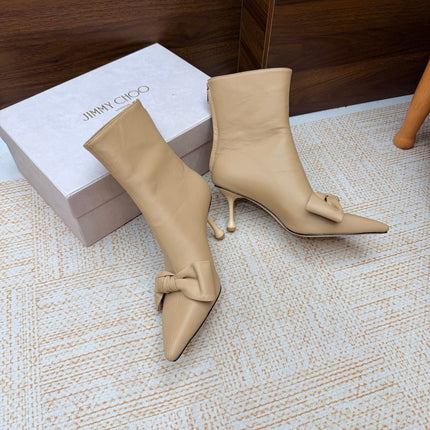 JIMMY CHOO 26S ANKLE BOOTS 65 MM IN BEIGE CALFSKIN WITH KNOTTED BOW