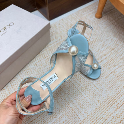 JIMMY CHOO 26S HEEL SANDALS 100 MM IN SKY BLUE FLORAL LACE PEARL EMBELLISHED