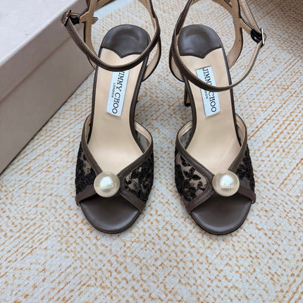 JIMMY CHOO 26S HEEL SANDALS 100 MM IN DARK BROWN FLORAL LACE PEARL EMBELLISHED
