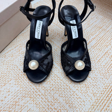 JIMMY CHOO 26S HEEL SANDALS 100 MM IN BLACK FLORAL LACE PEARL EMBELLISHED