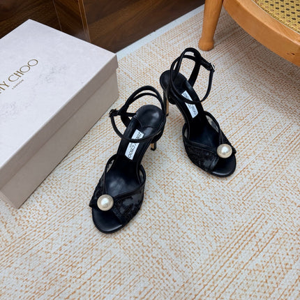 JIMMY CHOO 26S HEEL SANDALS 100 MM IN BLACK FLORAL LACE PEARL EMBELLISHED