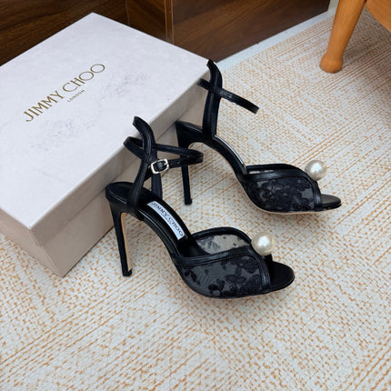 JIMMY CHOO 26S HEEL SANDALS 100 MM IN BLACK FLORAL LACE PEARL EMBELLISHED
