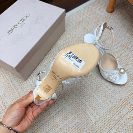 JIMMY CHOO 26S HEEL SANDALS 100 MM IN WHITE FLORAL LACE PEARL EMBELLISHED