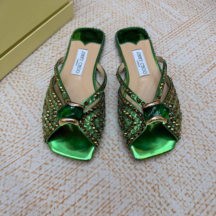 JIMMY CHOO 26S FLAT SANDALS IN GREEN METALLIC LEATHER CRYSTAL EMBELLISHED