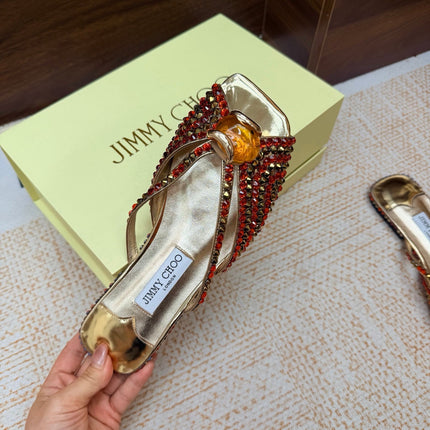 JIMMY CHOO 26S FLAT SANDALS IN GOLD METALLIC LEATHER CRYSTAL EMBELLISHED