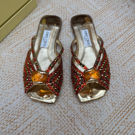 JIMMY CHOO 26S FLAT SANDALS IN GOLD METALLIC LEATHER CRYSTAL EMBELLISHED