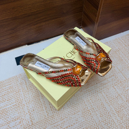 JIMMY CHOO 26S FLAT SANDALS IN GOLD METALLIC LEATHER CRYSTAL EMBELLISHED